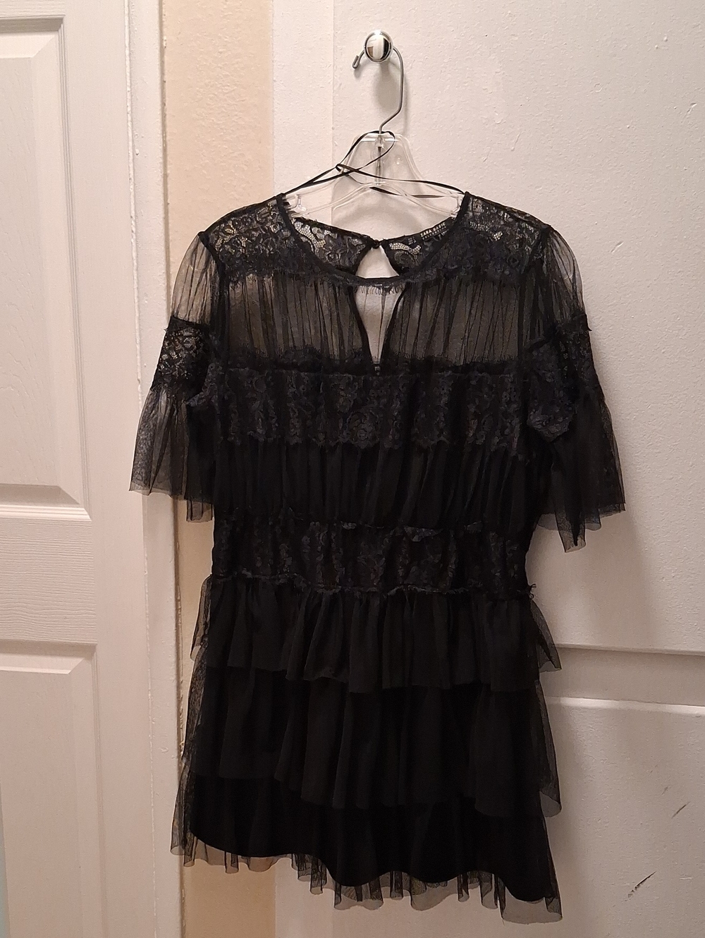 Zara Black Sheer Lace Tiered Ruffle Tunic